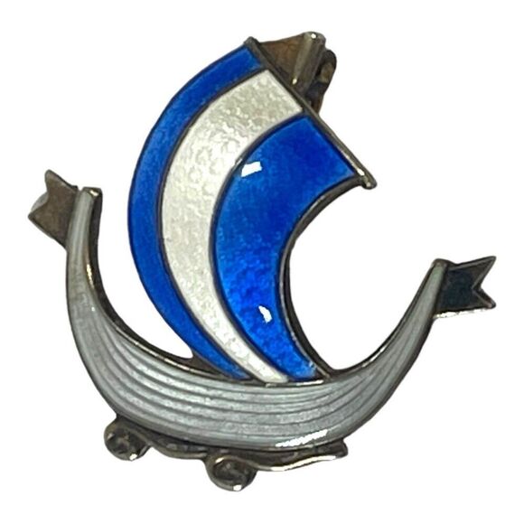 Aksel Holmsen Enamel Viking Long Boat Brooch Sterling Silver Vintage Norway - Picture 2 of 7